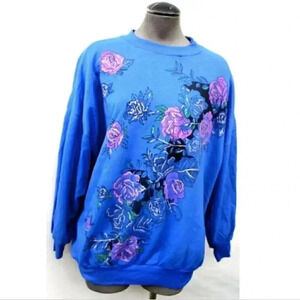 Vintage 1980s 1990s Talt INC BLUE Cotton Floral Flower Retro Colorful Sweater